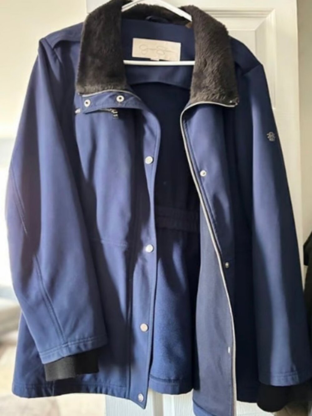 Jessica Simpson Navy Blue Faux Fur Collar Softshell Parka Jacket 1X Plus Size